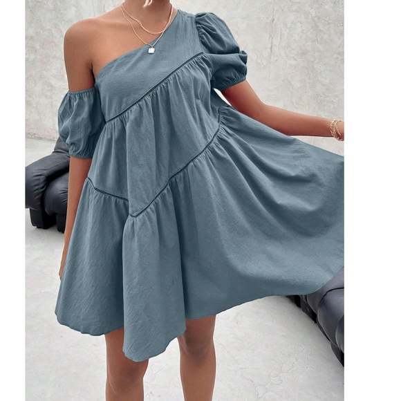 Boho Dusty Blue One shoulder Puff Sleeve Flared Hem Mini Dress - Picture 4 of 5